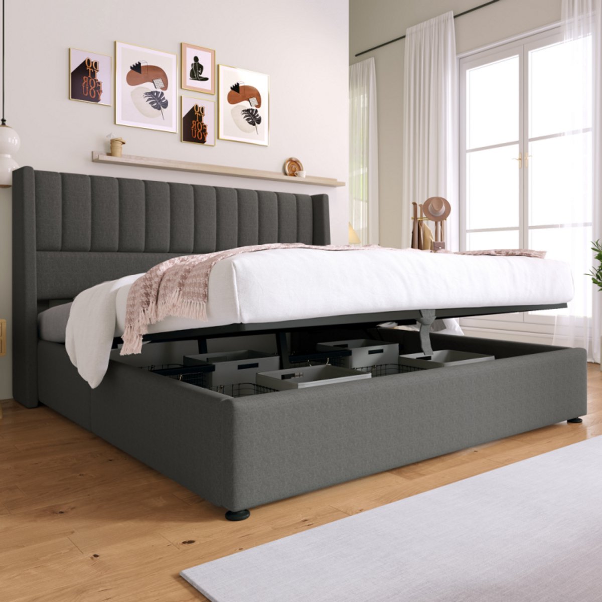 Gestoffeerd tweepersoonsbed 140x200 cm - Hydraulische opbergruimte - Grijs - Linnen bekleding, verticaal gestreept hoofdbord - Stabiel metalen frame en houten lattenbodem