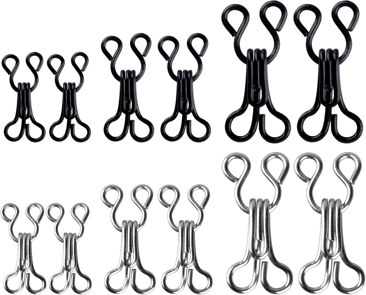 120 stuks haak-en-oogsluitingen in 3 maten voor lingerie en kleding, zwart en zilver