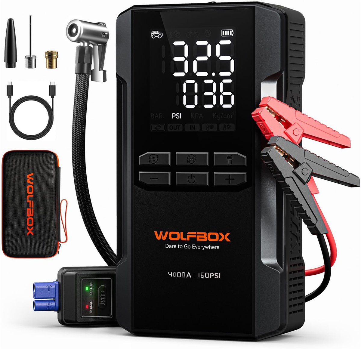 WOLFBOX 12V Jumpstarter voor Auto met Compressor - 4000A - Starthulp met Powerbank, LED Zaklamp en SOS Noodlicht - Startkabels met Accu - Startbooster
