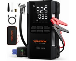 WOLFBOX 12V Jumpstarter voor Auto met Compressor - 4000A - Starthulp met Powerbank, LED Zaklamp en SOS Noodlicht - Startkabels met Accu - Startbooster