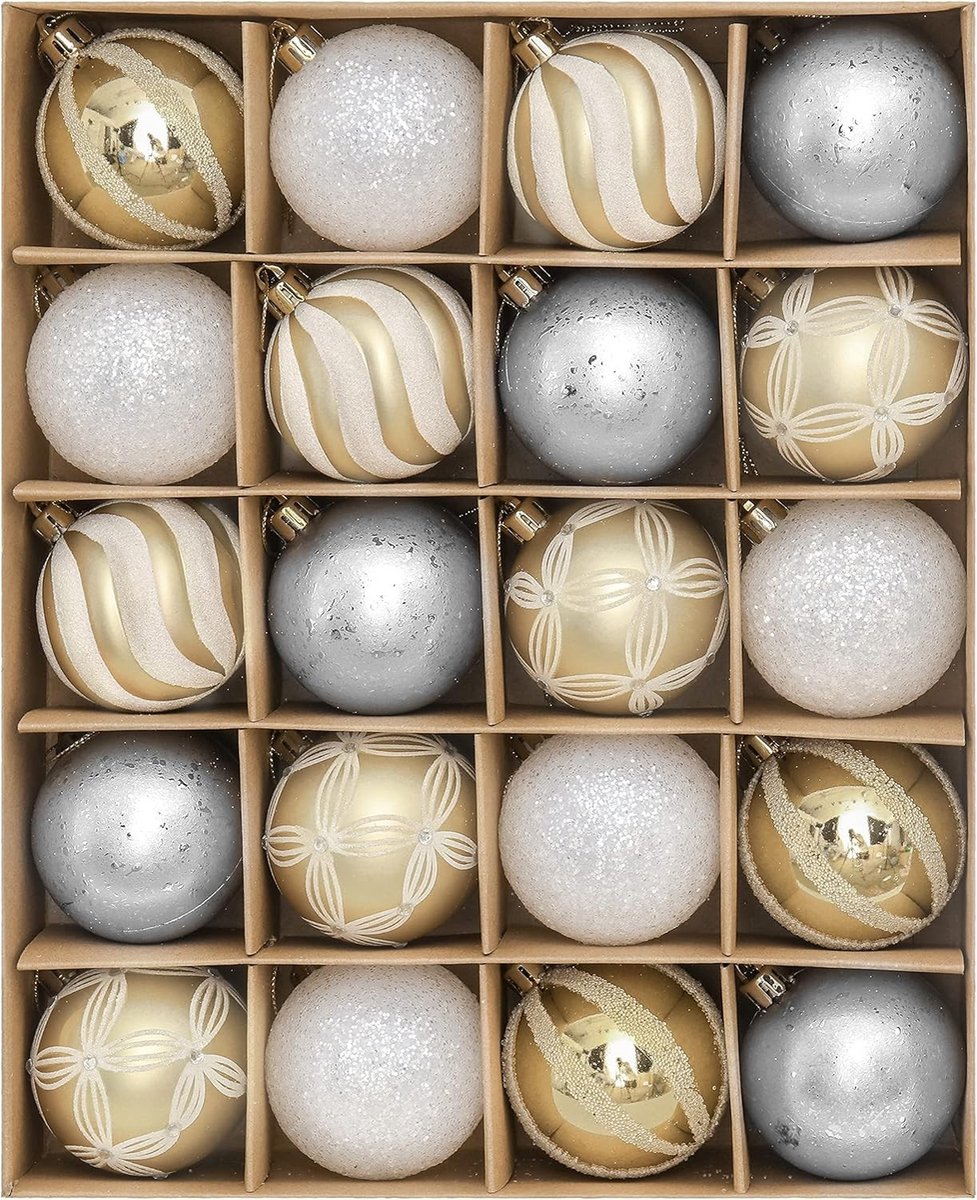 20 Stuks 6cm Kerstballen in Wit, Zilver en Goud - Shatterproof Versiering voor de Kerstboom, Glitter en Matte Afwerking, Inclusief Kraft Kartonnen Verpakking