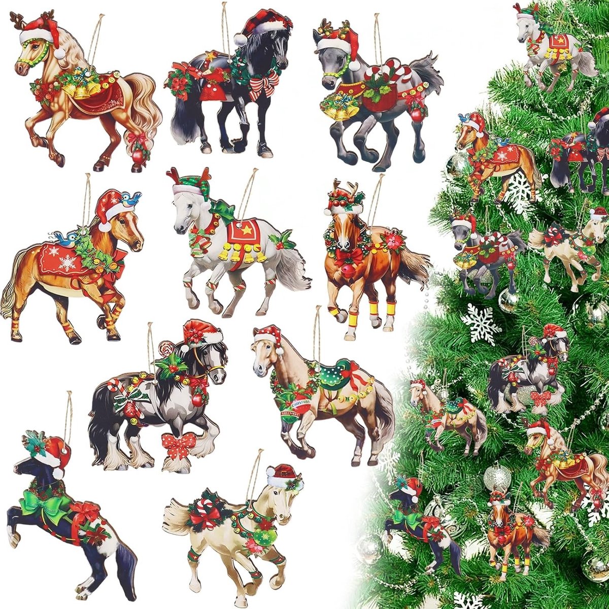 Houten Kerstdecoratie Set van 40 Stuks, Paardjes, Kersthangertjes en Versieringen voor Binnen en Buiten Feesten