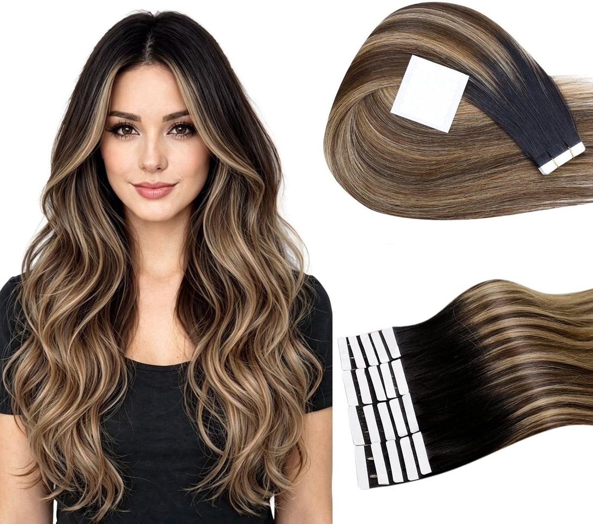 Tape in Extensions van Echte Mensenhaar - Balayage Zwart naar Donkerbruin met Blonde Tapes - 30cm, 20 Strengen, 30g #1B/4/27 - Perfect voor Volumineus Haar en Natuurlijke Look