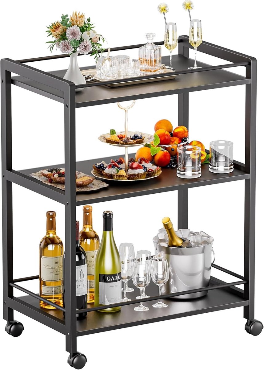 Servetrolley met Wielen - 3 Laags Keuken- en Bartrolley voor Woonkamer, Eetkamer en Feestjes, Bruin (Zwart)