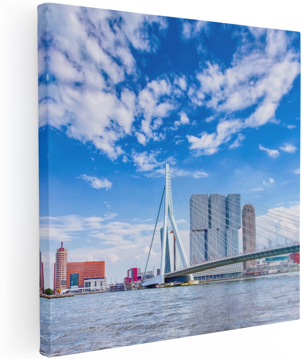 Artaza Canvas Schilderij Erasmusbrug Aan Het Water In Rotterdam - 100x100 cm - Groot - Wanddecoratie Woonkamer - Schilderijen - Muurdecoratie