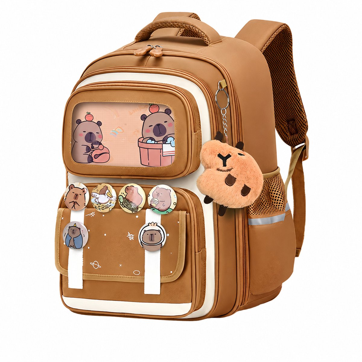 Leuke rugzak – Schooltas – Capybara-stijl – Waterdicht – Inclusief bedeltjes en badges – 42 cm hoog – Geschikt voor kinderen langer dan 130 cm – Khaki
