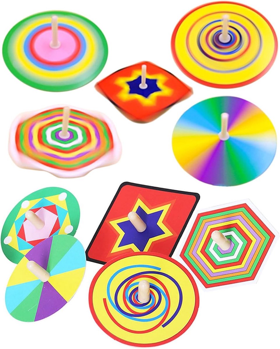Set van 10 Papieren Spinners - Papieren Speelgoed, Cadeautassen voor Kinderverjaardagen, Houten Spinning Toys in Diverse Kleuren
