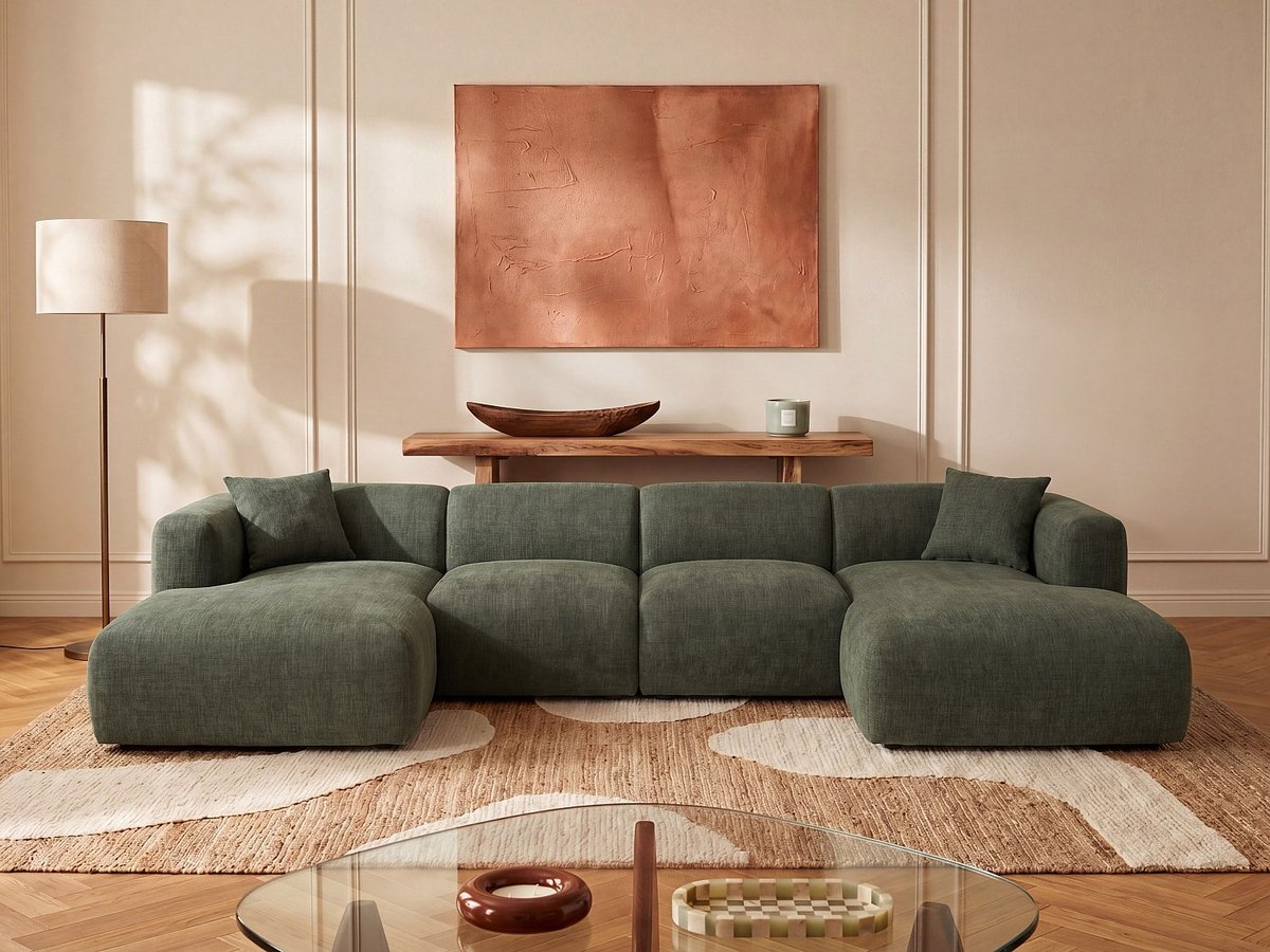 Vente-unique Hoekmodule fauteuil links in groene stof van Maison Céphy POGNI