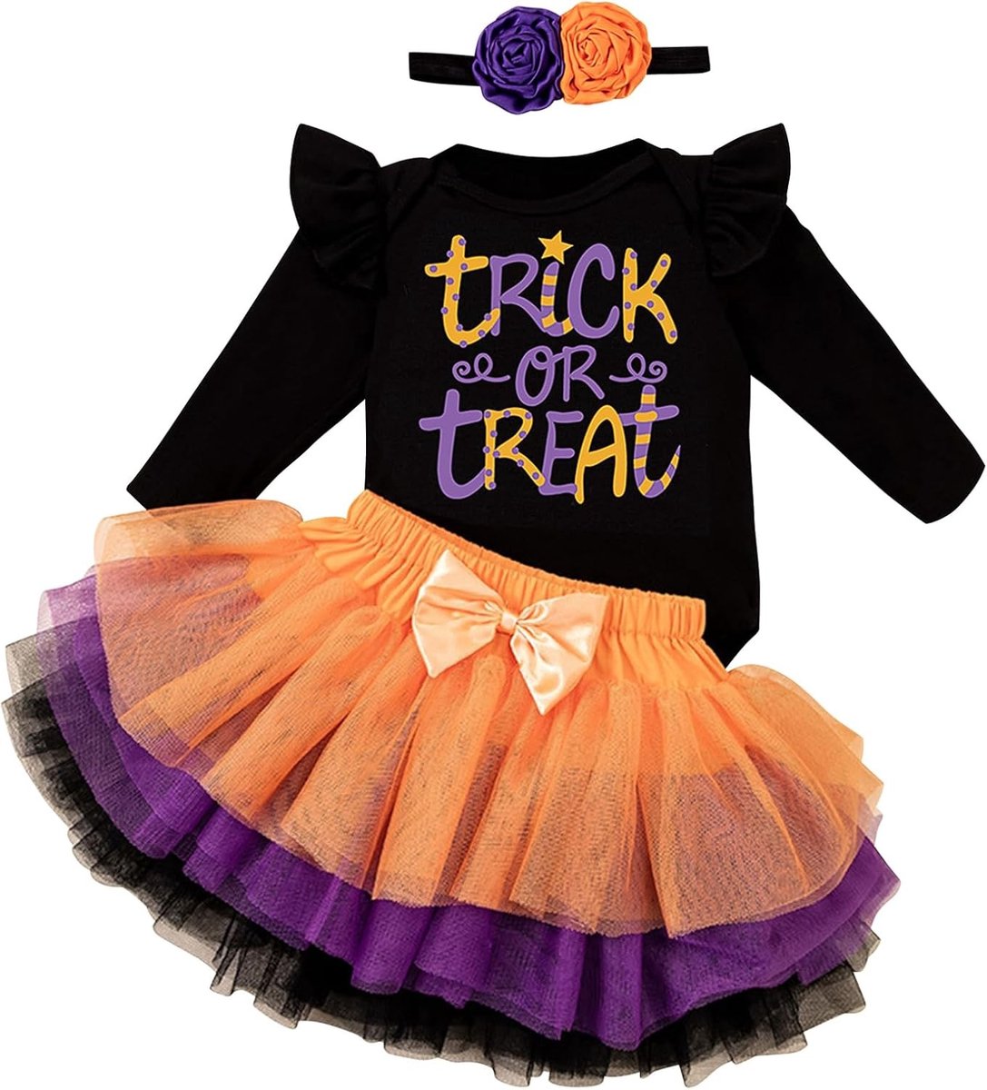Schattige Halloween Outfit voor Baby Meisjes met Romper, Tutu Rok en Strik Haarband voor Nieuwegeborenen en Feestdagen