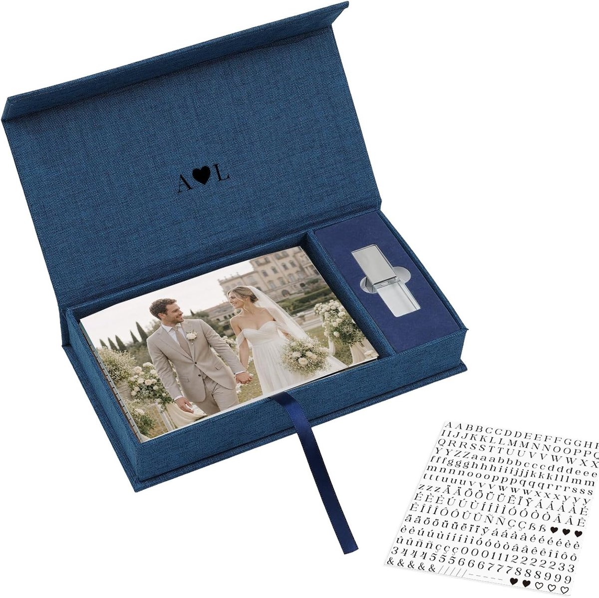 Linnen Fotobox 22.5x12cm met USB Compartment - DIY Opbergdoos voor Foto's, Herinneringen, Bruiloften en Babyshowers in Marineblauw
