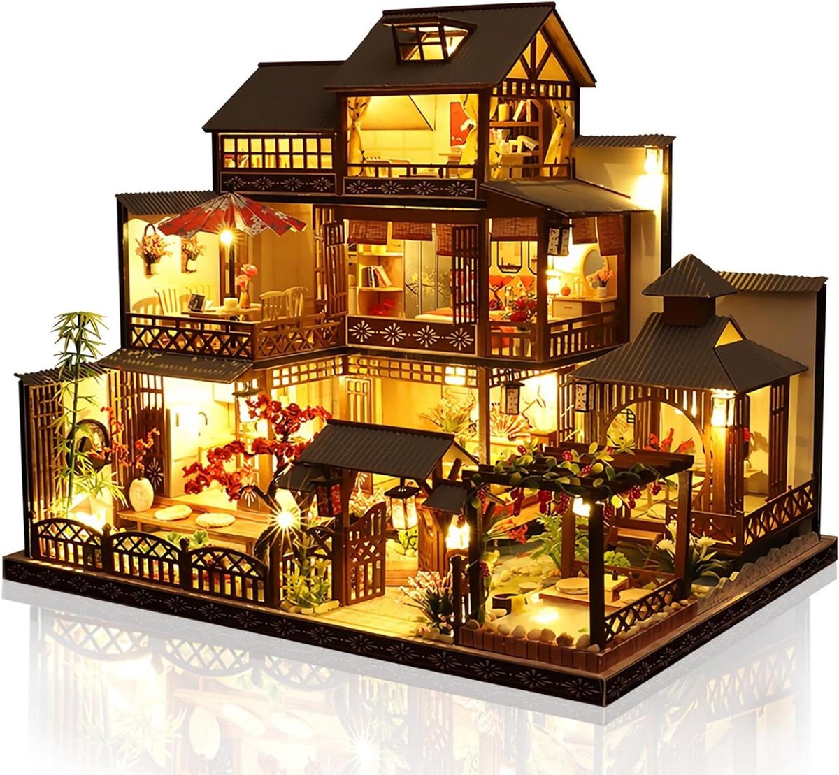 Miniatuur Poppenhuis Kit - Houten Knutselhuis - Creatief Hobbyen - Met LED Licht - Schaal 1:24 - Houtkleurig