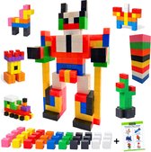 Magnetische blokjes in diverse kleuren, waaronder rood, blauw, groen, geel, oranje, roze en zwart. Vormen een robot, trein, kasteel, kip, olifant, bloem, en raket.