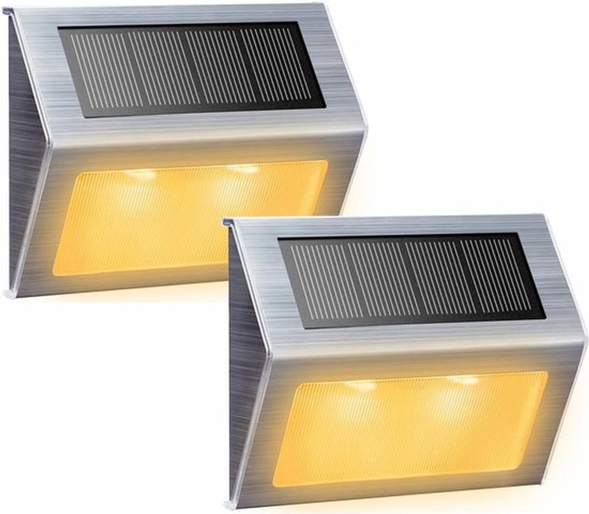 Op zonne-energie werkende lampen, geschikt voor trappen, terrassen, looppaden, binnenplaatsen, balustrades en leuningen; LED-lampen; waterdicht voor buiten; warm licht; set van 2.