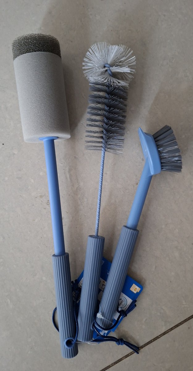Premium Schoonmaakborstelset - 3 Delig /Flessenborstel/Sponsborstel /Afwasborstel/Blauw-Grijs /Millieuvriendelijk
