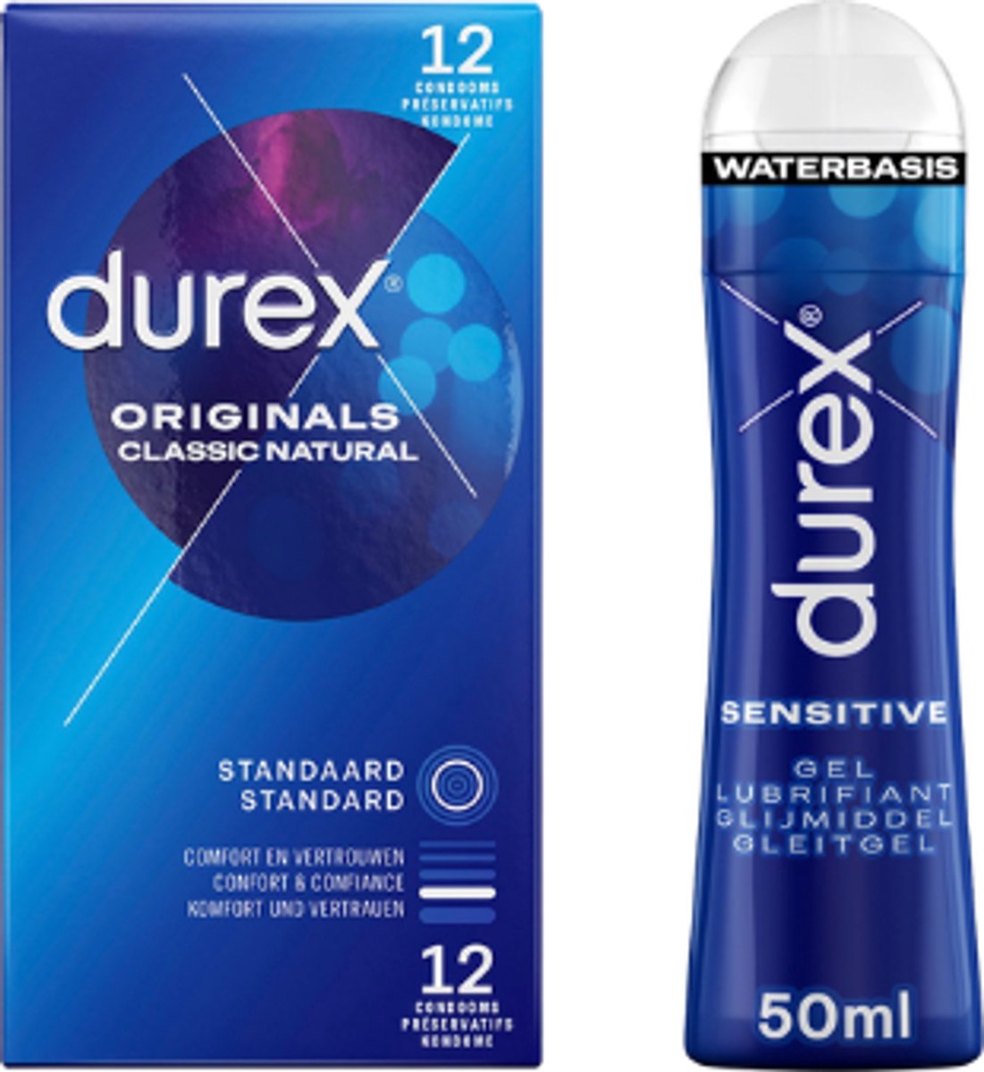 Durex Originals Classic Natural 12 Condooms + Sensitive Glijmiddel 50 ml – Condooms & Glijmiddel – Voordeelset