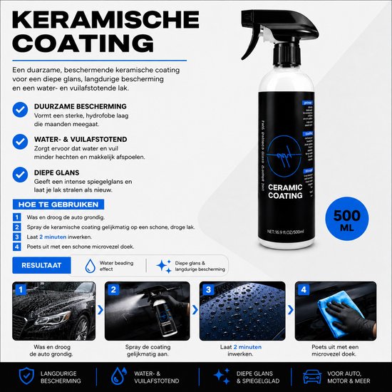 Keramische coating fles met spraykop, 500 ml. Zwarte fles met wit en blauw label. Verduidelijkt het gebruik.