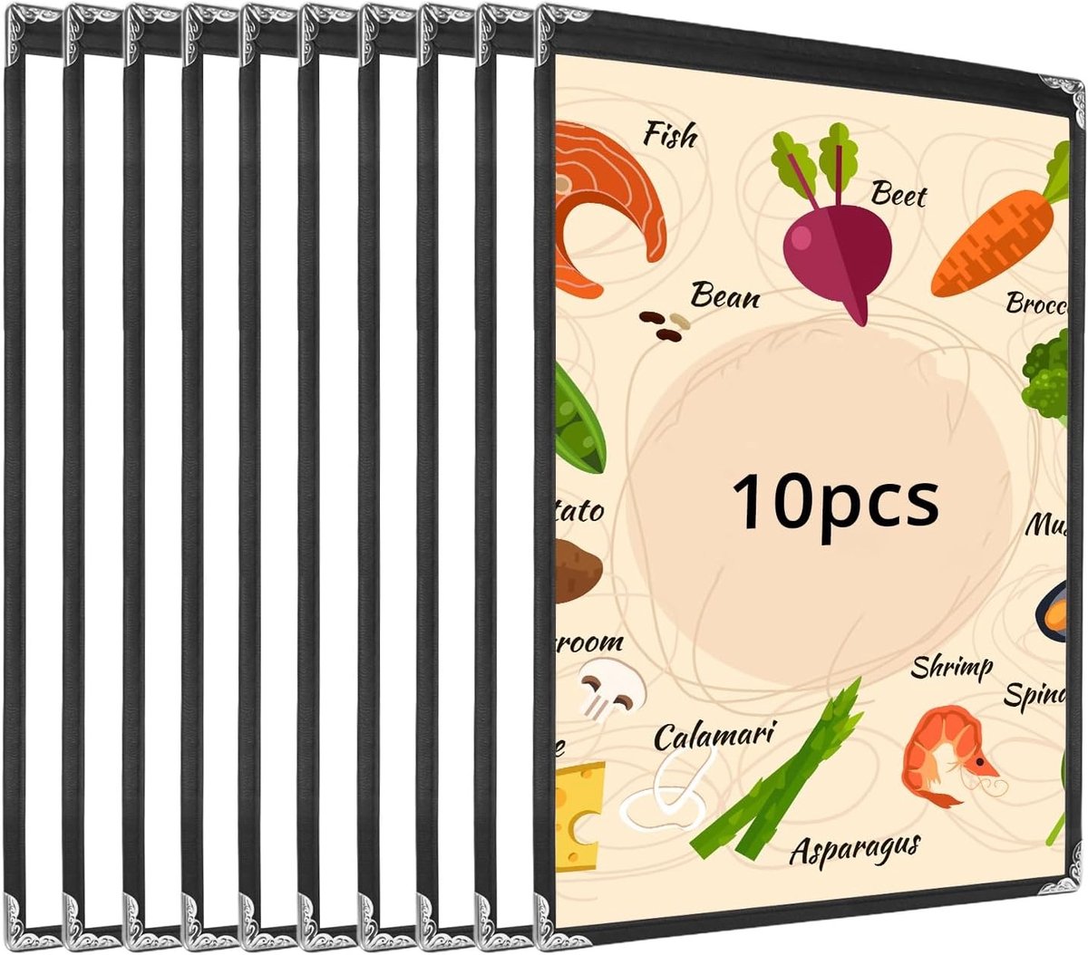 10 Stuks Zwarte Menu Kaarthouders A4 Formaat voor Restaurants en Hotels, Dubbele Weergave van Menu's, Hoogwaardige Transparante PVC met Metalen Rand
