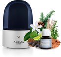 Zilveren aroma diffuser met donkerblauwe kap, met rondom dennentakken, limoen, sterbloem, pijptabak, amandelen en een flesje "AROMA DIFFUSING Sweet Sensation".