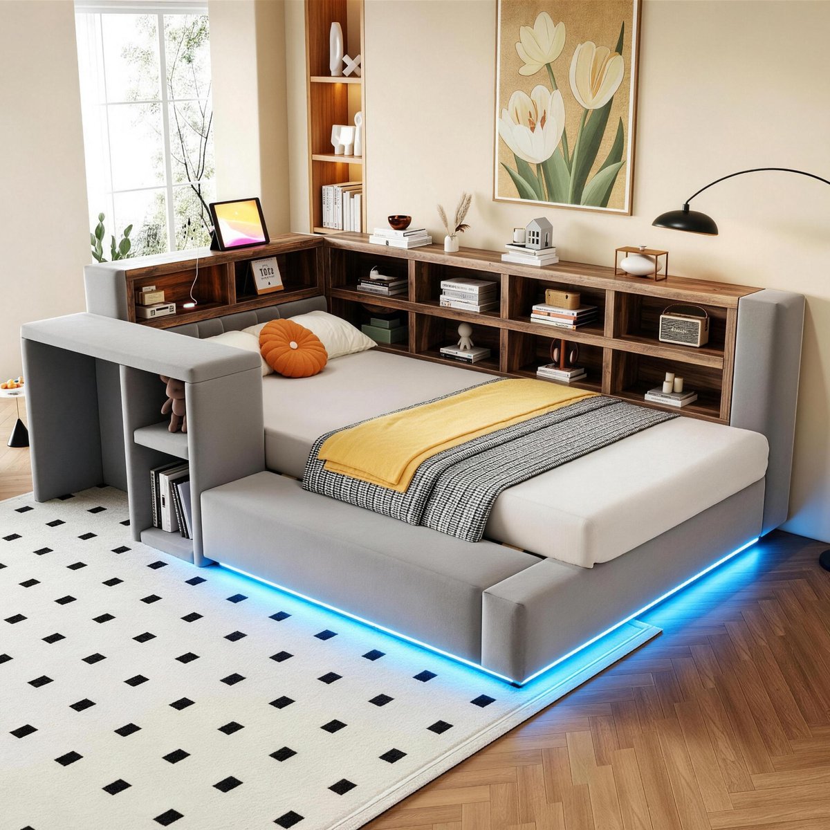 Gestoffeerd Bed 90 x 200 cm – Bed met LED Verlichting, Opbergruimte en Stopcontacten – Met Bureau en Gepoederd Hoofdbord – Zonder Matras – Grijs