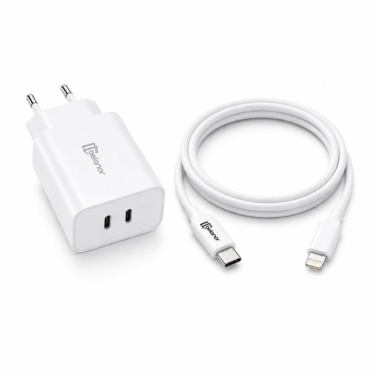 Belanor 35W GaN USB-C Snellader + 1M USB-C naar Lightning Kabel - Dubbele USB-C Oplader met Power Delivery - Geschikt voor iPhone 14, 13, 12, 11, X, 8 & SE