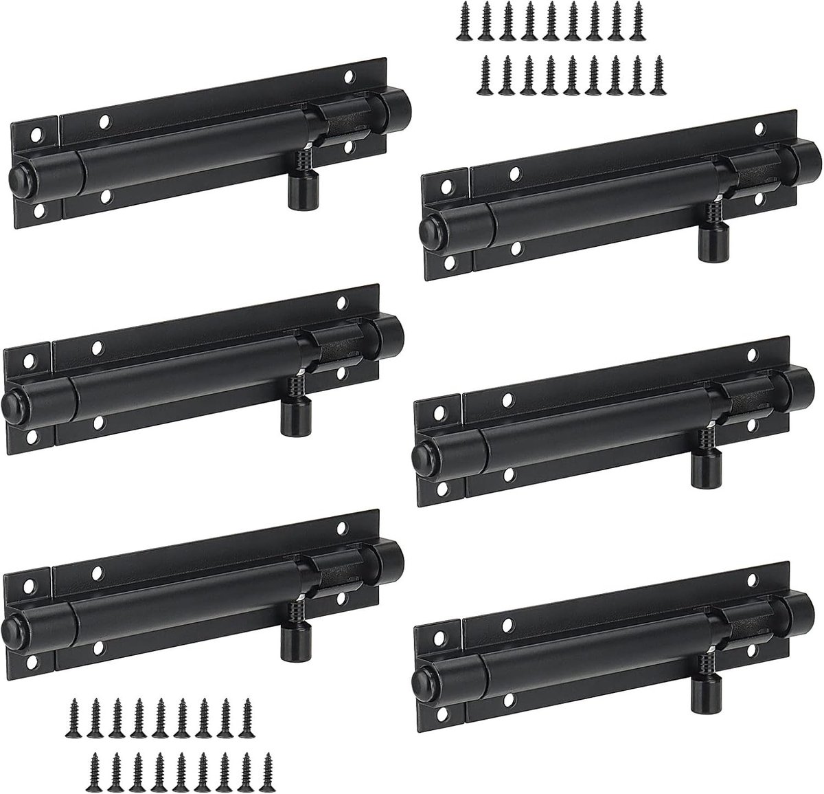 6-delige deurbolts set, 4 inch poortsluiter met schroeven, stevige zwarte bolts voor houten poorten en hekken