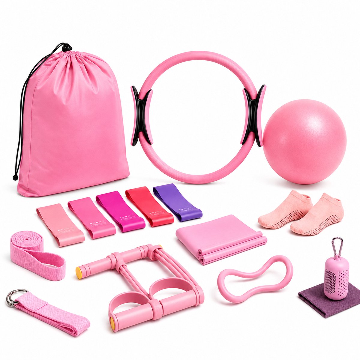 Sercano 13-Delige Pilates Set – Pilates Ring 38 cm, Pilatesbal 25 cm, 3 Weerstandsbanden, Stretchband, Figuur-8 Expander, Yogariem en Opbergtas – Roze
