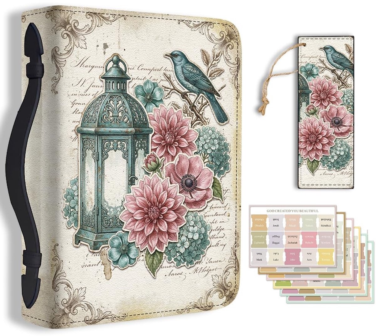 Solidchoice - Vintage Bloemen Vogel Bijbelhoes van PU-leer met Bladwijzer