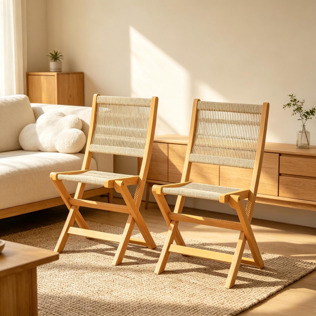 MIVRAY Inklapstoel Set van 2 48 x 55,5 x 88 cm - Opvouwbaar Met Armleuningen - Voor Tuin, Terras En Balkon - Acaciahout En Polypropyleen - Beige Naturel