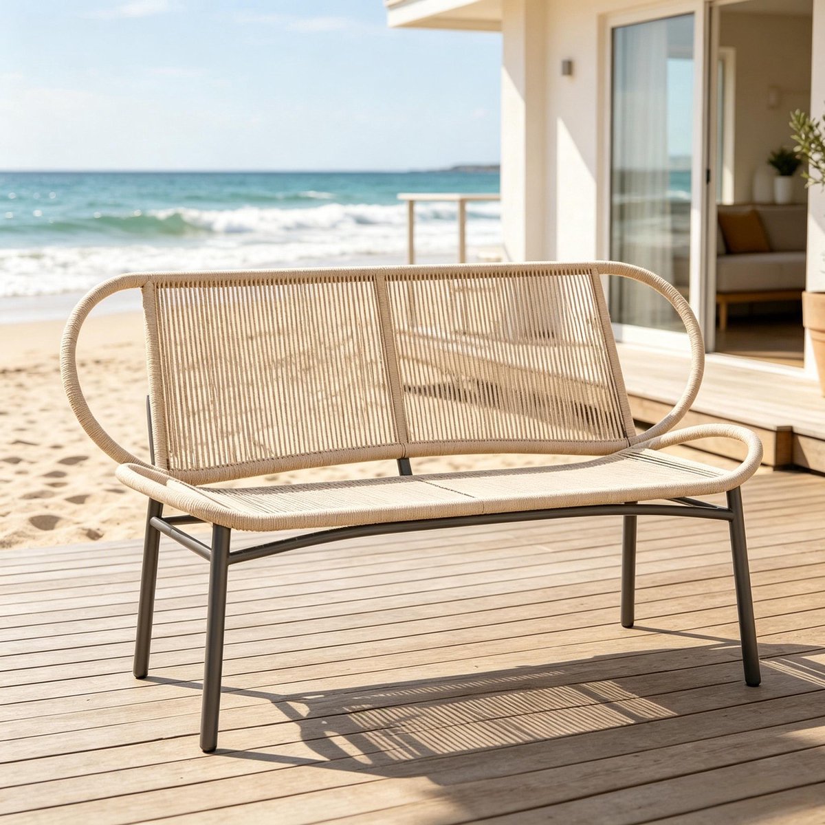 MIVRAY Tuinbank 138 Cm - 2-Zits Loungebank Met Geweven Rugleuning En Metalen Frame - Voor Tuin En Terras - Rattan - Zwart