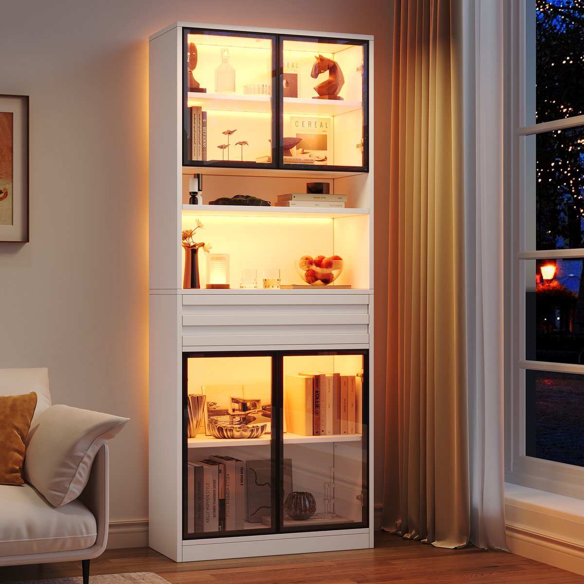 STILVORA Vitrinekast - 4 Glazen Deuren En Lade - App Bediende Ledverlichting - Voor Woonkamer En Opbergen - MDF - Wit - 80x35x200 Cm