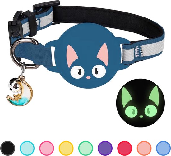 Collier bleu marine pour chat avec rayures réfléchissantes, un visage de chat bleu et une clochette avec breloque lune. Aussi un visage de chat phosphorescent.