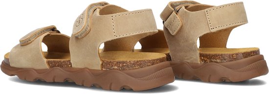 Beige Develab sandalen met een kurken tussenzool en bruine rubberen zool.