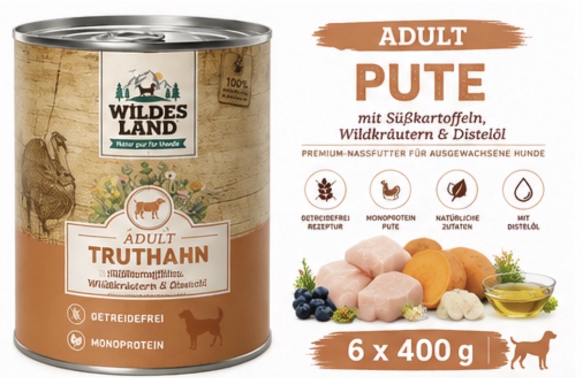 Wildes Land Wildes Land Dog Can Classic Kalkoen met Zoete Aardappel - 6 x 400 g