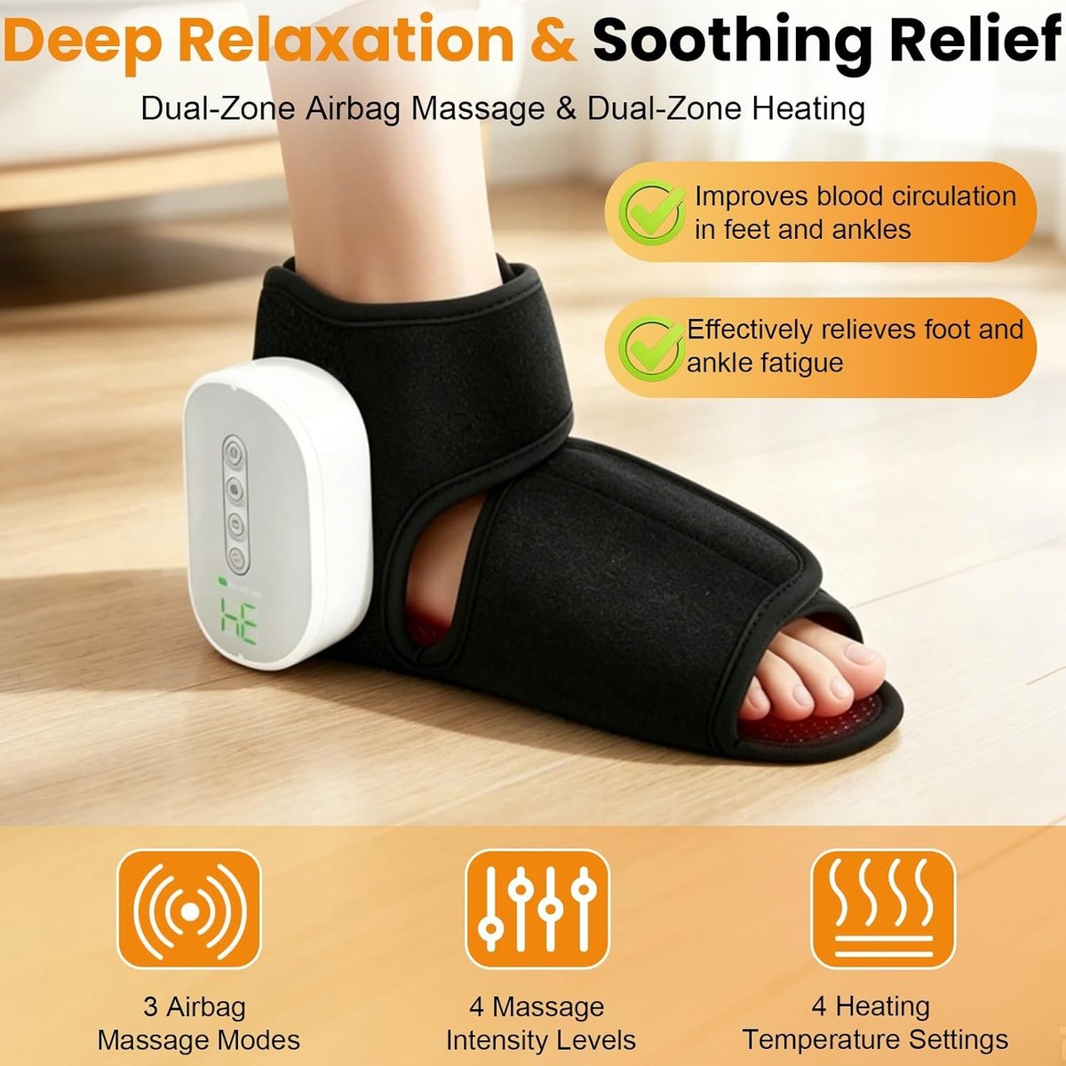 Voetmassageapparaat - Zwart - Draadloos met Warmte, Luchtcompressie en Vibratie - Draagbaar voor Thuis en Reizen