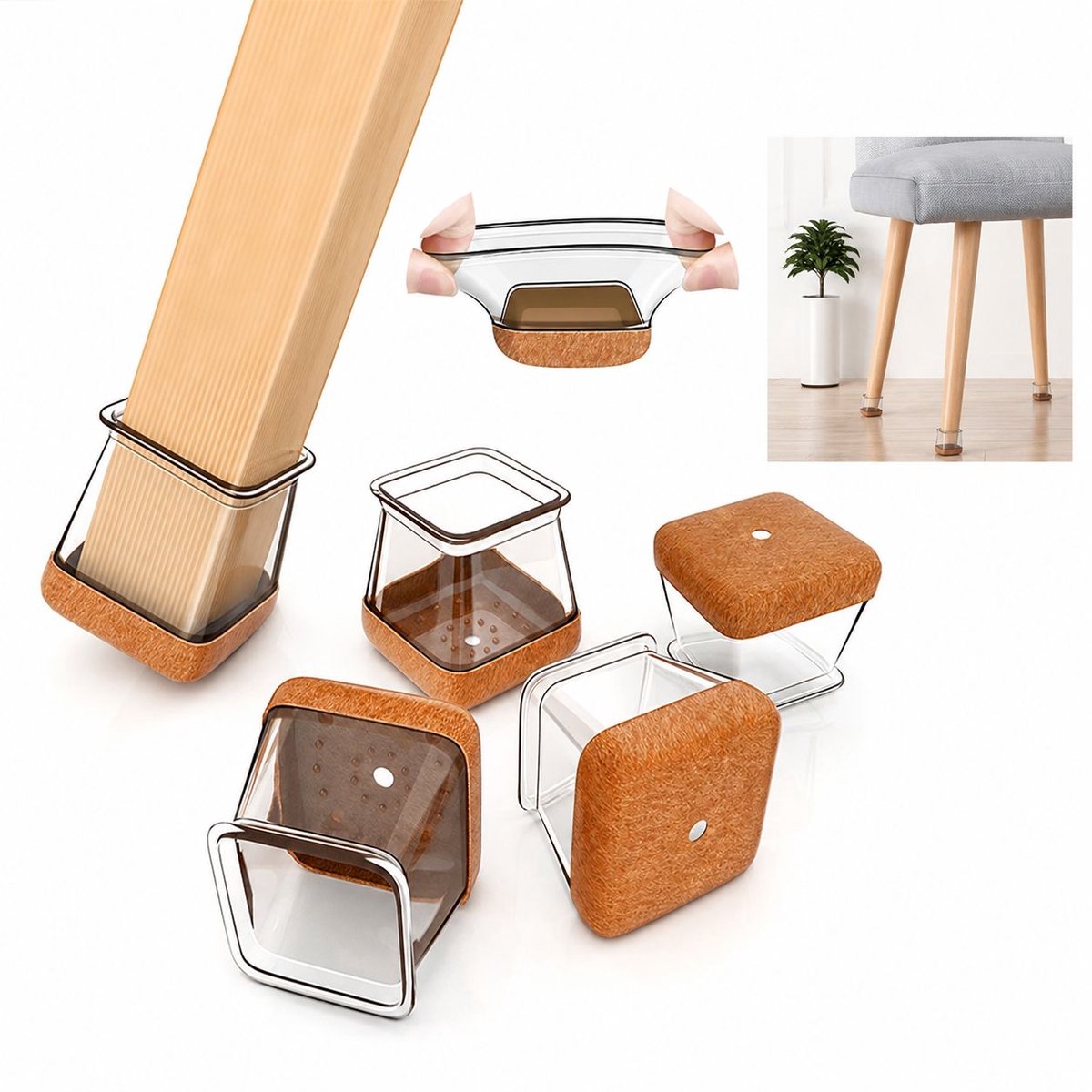 Bobypet - Stoelpootbeschermers - 20 stuks siliconen doppen voor vierkante poten 26-37 mm - transparant