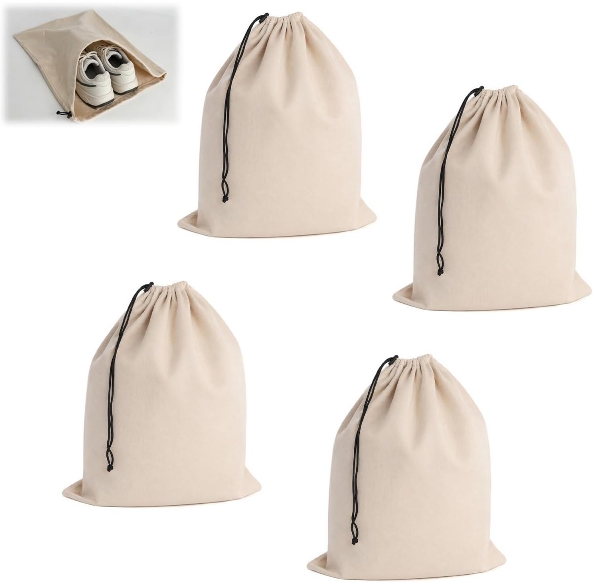 longziming -Schoenenzakken 4 Stuks - Schoenentas met Trekkoord 45 x 35 cm - Stoffen Schoenen Opbergzak - Wasbare en Opvouwbare Reistas - Voor Koffer, Kast, Sport en Camping - Beige