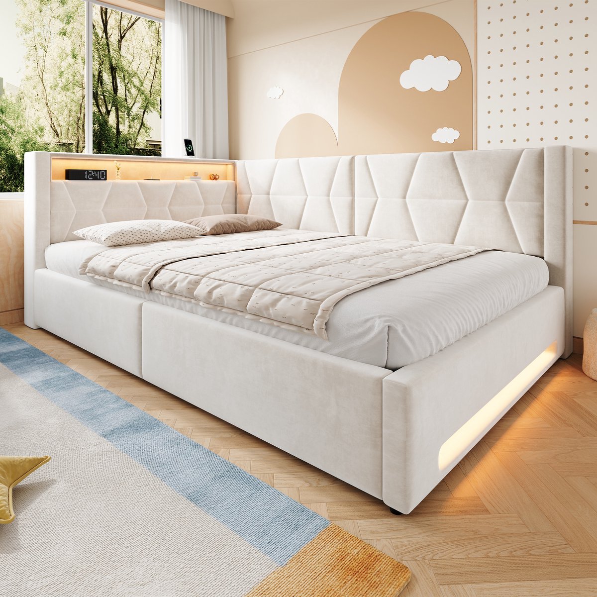 Wishdor Gestoffeerd bed 140x200 cm - opbergruimte - ledverlichting - usb en type-c - samt - beige - tweepersoons