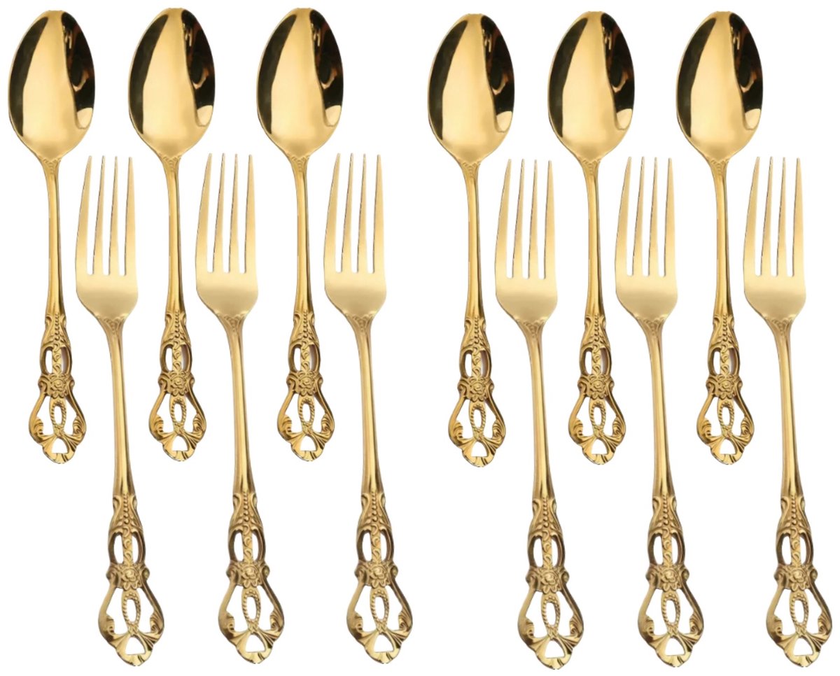 Set goud theelepels en taartvorkjes 12 stuks - 13 cm - 6 RVS theelepeltjes . 6 RVS Gebaksvorkjes glans - Koffielepels- Thee- koffie- Home| klassiek, vintage