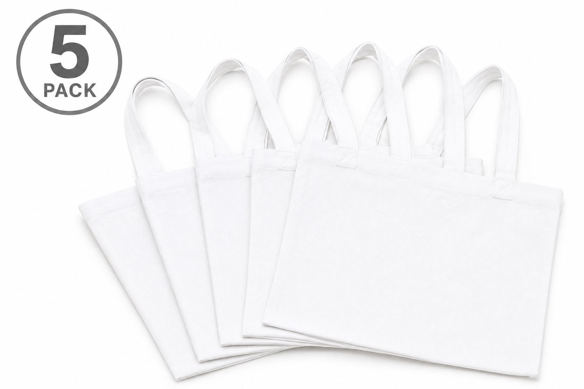 Witte Katoenen Tote Bag 140 gsm - Extra Stevig - 37x41cm - 5 Stuks - Canvas Tas - Shopper - Boodschappentas - Draagtas - Zelf Bedrukken