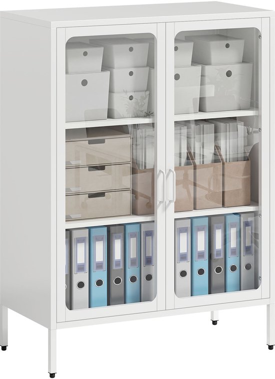 Witte archiefkast met glazen deuren, gevuld met mappen, dozen en opbergbakken.