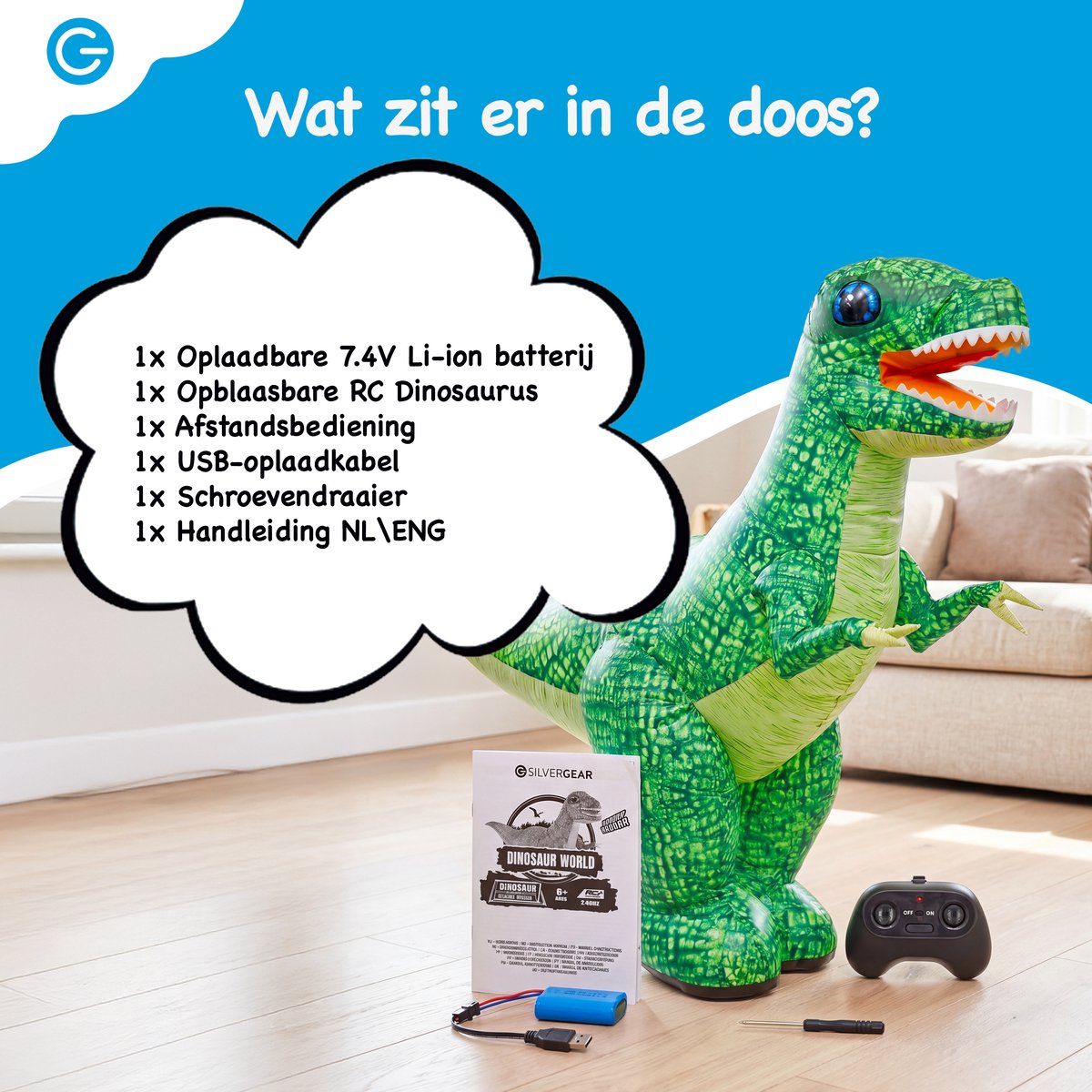 Silvergear® Opblaasbare RC Dinosaurus voor Kinderen - Bestuurbare Dino met Afstandsbediening - 90 cm Hoog - Zelfopblazend in 20 sec - Vooruit, Achteruit & 360° Draaien - Oplaadbaar - Dinosaurus Speelgoed T Rex - Groen - Cadeau voor 4,5,6,7,8+ Jaar — afbeelding 5