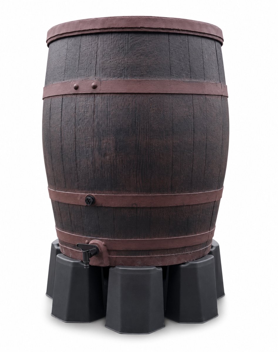 Complete set: Regenton bronzen band 235 Ltr | Hout effect | Handbewerkt | Inc.voet, kraan & vulautomaat