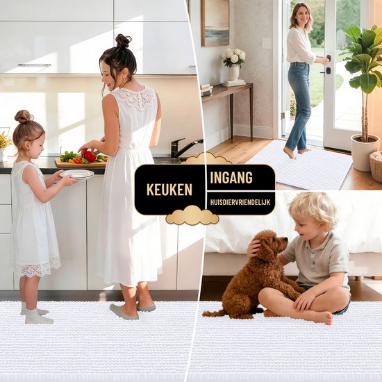 Collage: keuken met moeder en kind, ingang met vrouw, kind met hond, allemaal op witte badmatten.