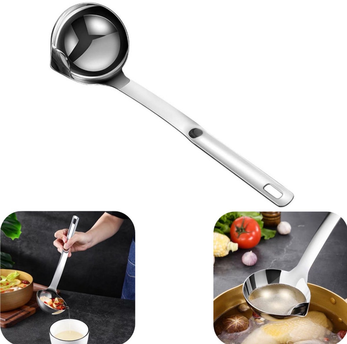 Lepel - Oliezeeflepel - Olie water scheider - Oliescheplepel - Filterlepel - Roestvrijstalen lepel - Met filtertuit - Gemakkelijk schoon te maken - Hittebestendig - Keukenaccessoire - Geschikt voor restaurants, keukens, hotpot (Zilver, 9,5*30,5 cm)
