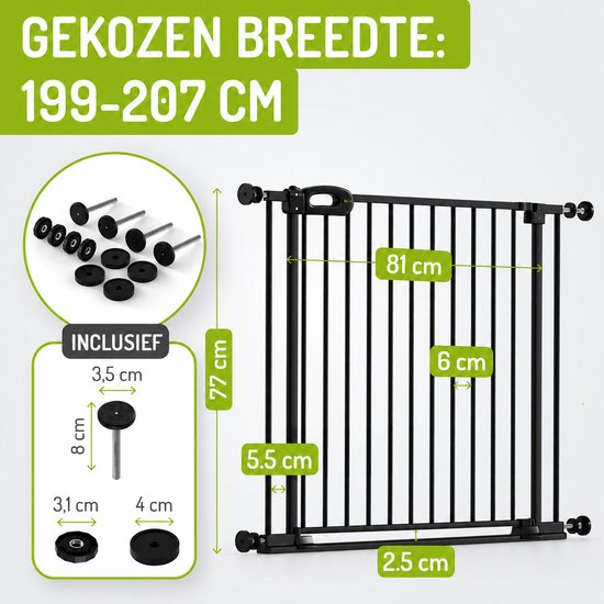 Afmetingen van een zwart Bomi traphekje van 199-207 cm breed en 77 cm hoog, met inclusief montageonderdelen.