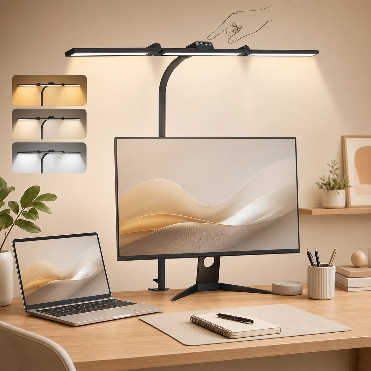 MUPOO Bureaulamp LED Dimbaar met Klem - Werklamp met 3 Verstelbare Lichtstrips & 360° Flexibele Zwanenhals -Hobbylamp met Touchbediening - 5 Lichtkleuren & 5 Helderheidsstanden - Monitor Lamp voor Kantoor, Tekentafel, Groot Bureau en Thuiswerk