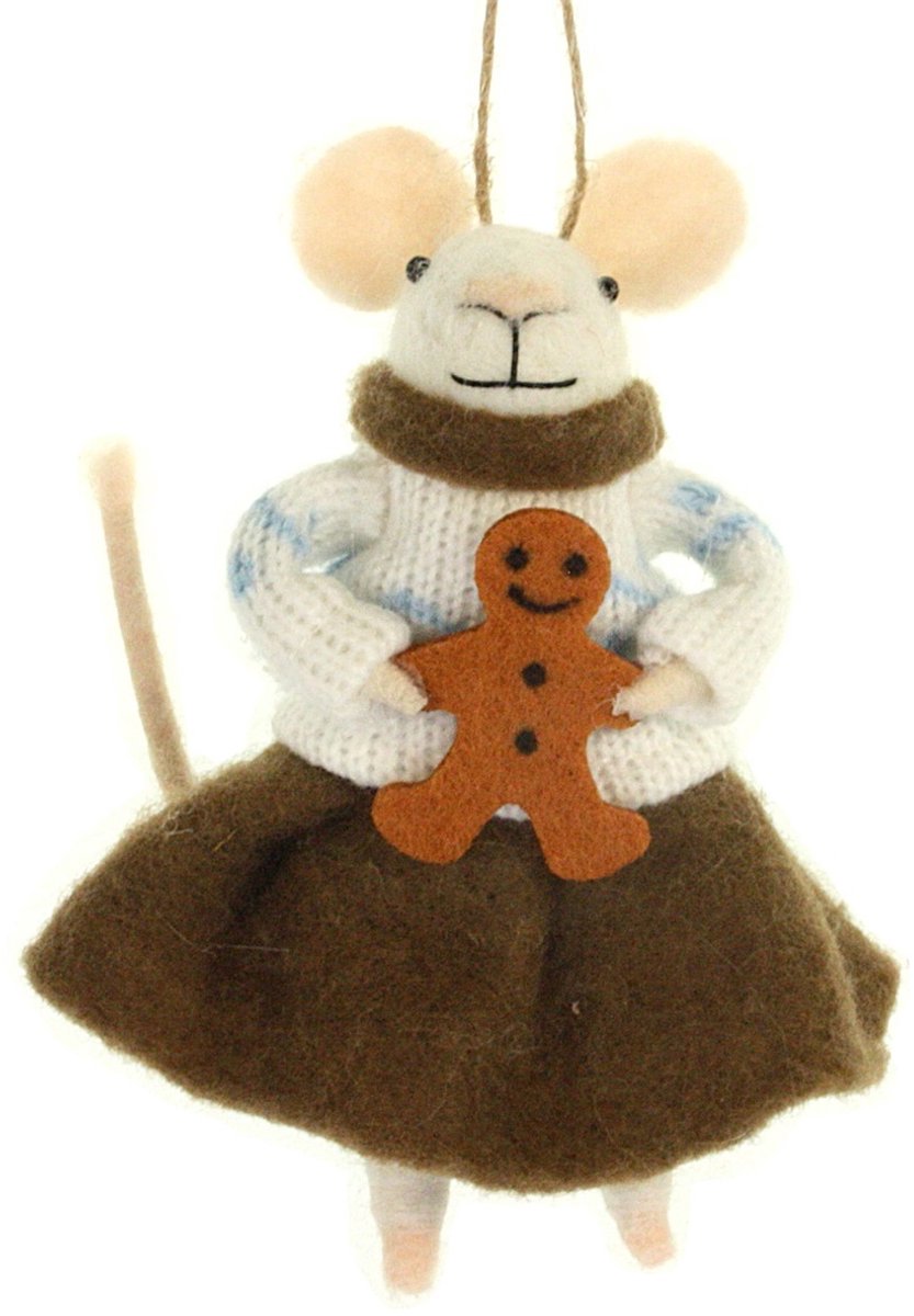 Muis met peperkoekmannetje hangend vilt 9x5x11,5cm