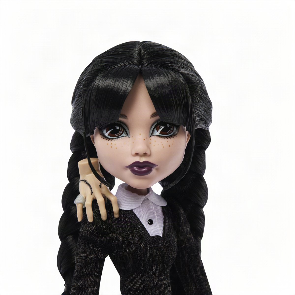 Monster High x Wednesday verzamelpop - Wednesday Addams in zwarte jurk met Thing als accessoire — afbeelding 7