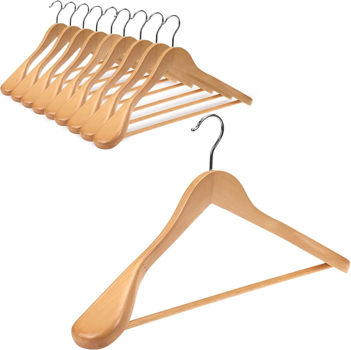 Houten kleerhangers - Natuurlijk - Wide Shoulder - Massief Lotus Hout met 360 Graden Draaibare Haak - Voor Bovenkleding