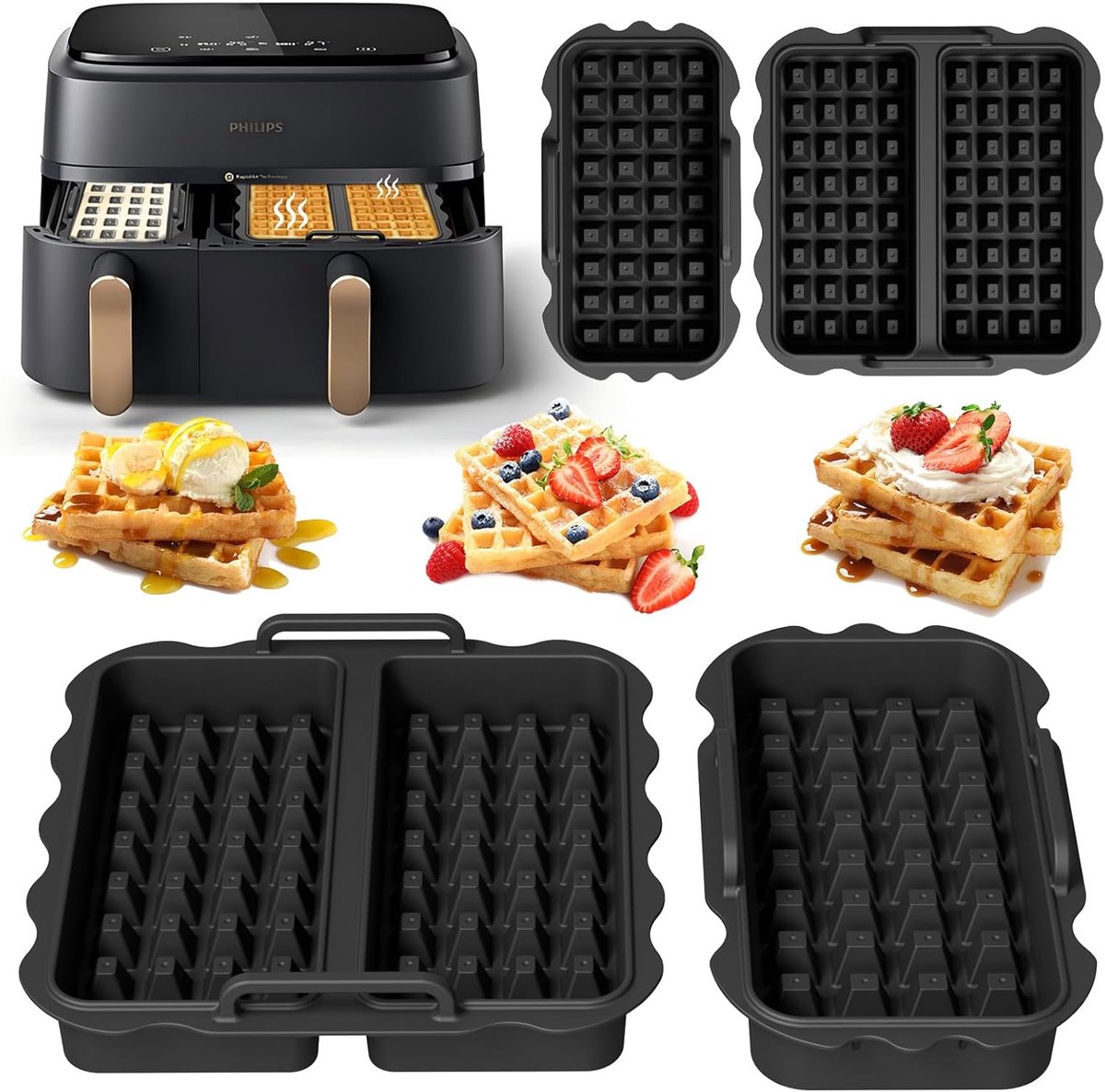2 Stuks Siliconen Wafelinzet voor Philips Dual Basket Airfryer 3000-5000 Serie 9L (6L/3L) - Airfryer Wafelvorm, BPA-vrij, Antiaanbaklaag